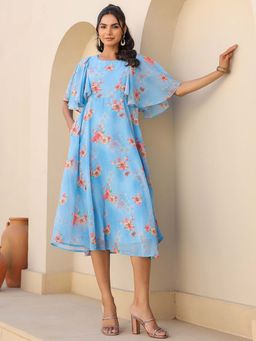 Janasya - Women's Blue Georgette Floral Printed A-Line Dress