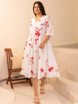 Janasya - Women's Plus Size Off White Tie and Dye Fit and Flare Dress