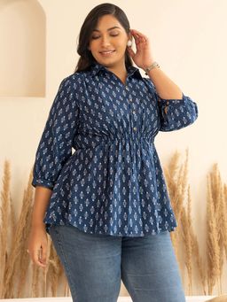Janasya - Women's Plus Size Dark Blue Pure Cotton Ethnic Motifs A-Line Top