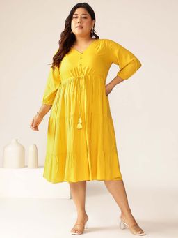 Janasya - Women's Plus Size Mustard Rayon Solid Tiered Dress