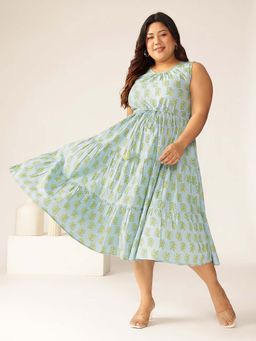 Janasya - Women's Plus Size Light Blue Pure Cotton Ethnic Motifs Printed Tiered Dress