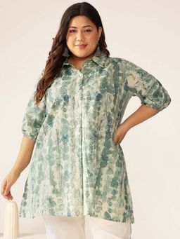 Janasya - Women's Plus Size Green Pure Cotton Tie and Dye A-Line Tunic