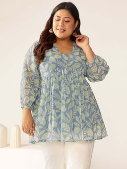 Janasya - Women's Plus Size Blue Georgette Tropical Printed A-Line Tunic