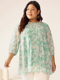 Janasya - Women's Plus Size Green Georgette Floral Printed A-Line Tunic