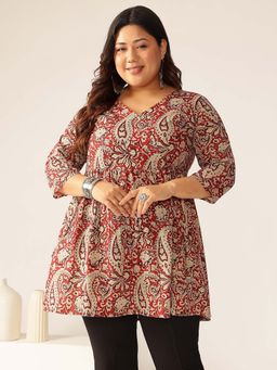 Janasya - Women's Plus Size Maroon Pure Cotton Paisley Printed Peplum Tunic