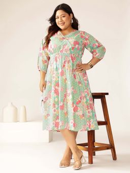 Janasya - Women's Plus Size Pure Cotton Floral Printed A-Line Dress