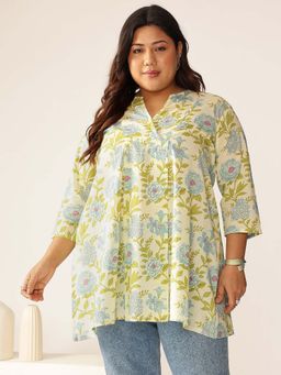 Janasya - Women's Plus Size Off White Pure Cotton Floral Printed A-Line Tunic