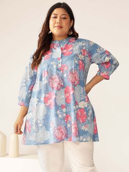Janasya - Women's Plus Size Blue Pure Cotton Floral Printed A-Line Tunic