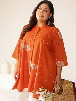 Janasya - Women's Plus Size Orange Pure Cotton Floral Printed A-Line Tunic