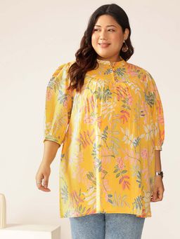 Janasya - Women's Plus Size Yellow Pure Cotton Tropical Printed A-Line Tunic