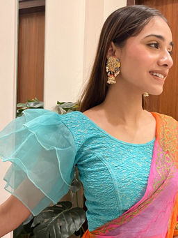 BINDIGASM'S ADVI - Koel Gold Flower Multi Layer Organza Frill Stretchable Slip On Blouse Turquoise