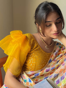 BINDIGASM'S ADVI - Koel Gold Flower Multi Layer Organza Frill Stretchable Slip On Blouse Mustard