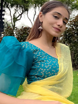 BINDIGASM'S ADVI - Koel Gold Flower Multi Layer Organza Frill Stretchable Slip On Blouse Blue