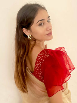 BINDIGASM'S ADVI - Koel Gold Flower Multi Layer Organza Frill Stretchable Slip On Blouse Red