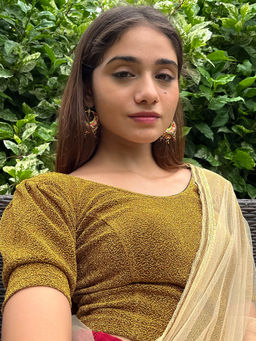 BINDIGASM'S ADVI - Mukut Pleated Button Detail Metallic Dark Gold Stretchable Slip On Blouse