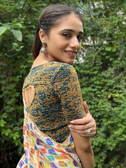 BINDIGASM'S ADVI - Tanisi Zari Handmade Latkan Detail Back Teal Stretchable Slip On Blouse