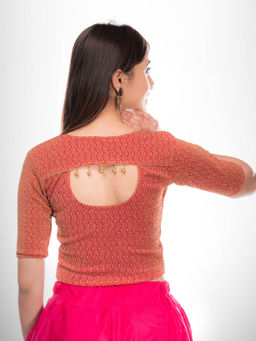 BINDIGASM'S ADVI - Tanisi Zari Handmade Latkan Detail Back Pink Stretchable Slip On Blouse