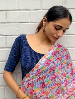 BINDIGASM'S ADVI - Lata Embellished Velvet Design Stretchable Slip On Navy Blue Stitched Blouse