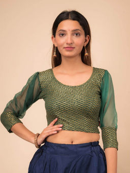 BINDIGASM'S ADVI - Simi Gold Checks Organza Three Fourth Sleeve Stretchable Slip On Blouse Green