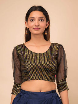 BINDIGASM'S ADVI - Simi Gold Checks Organza Three Fourth Sleeve Stretchable Slip On Blouse Black