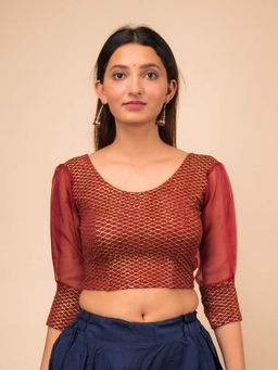 BINDIGASM'S ADVI - Simi Gold Checks Organza Three Fourth Sleeve Slip On Blouse Maroon