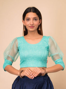 BINDIGASM'S ADVI - Simi Gold Checks Organza Three Fourth Sleeve Slip On Blouse Turquoise