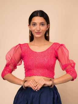 BINDIGASM'S ADVI - Simi Gold Checks Organza Three Fourth Sleeve Stretchable Slip On Blouse Pink