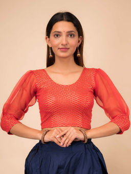 BINDIGASM'S ADVI - Simi Gold Checks Organza Three Fourth Sleeve Stretchable Slip On Blouse Red