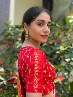 BINDIGASM'S ADVI - Kaashi Zari Embroidery on Metallic Gold Print Stretchable Slip On Blouse Red