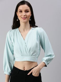 SHOWOFF - Women's Vertical Stripes Cinched Waist Sea Green V-neck Top