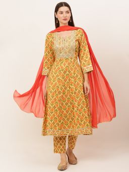 Laado - Yellow Floral Pure Cotton Kurta With Trousers With Dupatta (Set of 3)