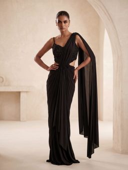 "Two Sisters" by Gyans - Black Hand Embroidered Pre-Draped Saree with Stitched Blouse