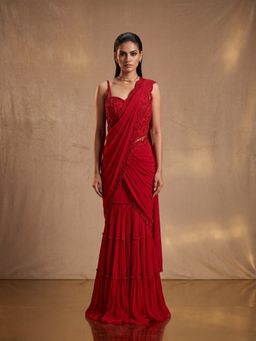 "Two Sisters" by Gyans - Red Tone-On-Tone Hand Embroidered Sequin and Bead Gharara Saree and Top