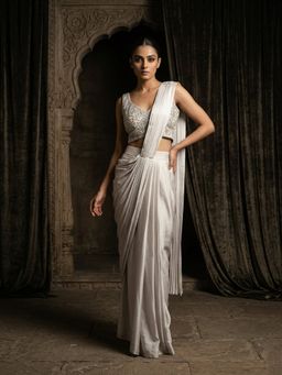 "Two Sisters" by Gyans - Grey Hand Embroidered Sequin Saree with Stitched Blouse