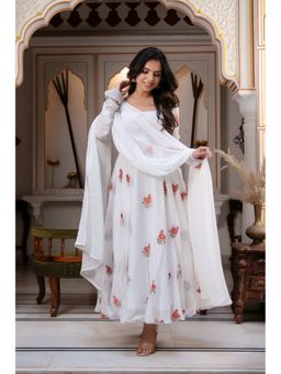 ETHNICSAA - Meher White Embroidered Anarkali Kurta with Pants and Dupatta