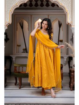 ETHNICSAA - Sargun Yellow Floral Print Anarkali Kurta with Pants and Dupatta