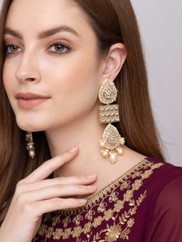 Indya - Gold Geo Kundan Pearl Drop Earrings