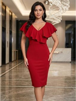 KOTTY - Women Solid Bodycon V-Neck Red Dress