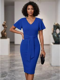 KOTTY - Women Solid Bodycon V-Neck Blue Dress