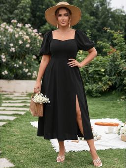 KOTTY - Women Solid Fit and Flare Sweetheart Neck Black Dress