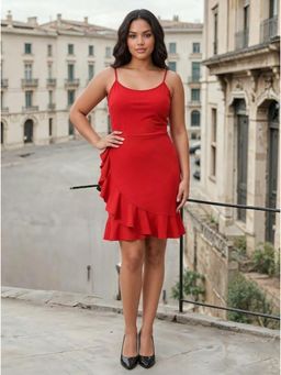 KOTTY - Women Solid Spaghetti Neck Red Dress