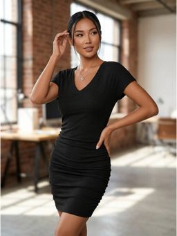 KOTTY - Women Solid V-Neck Bodycon Black Dress