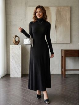 KOTTY - Women's Black Fit And Flare Viscose Rayon Dress