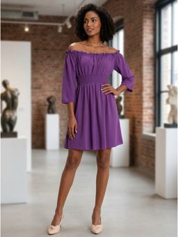KOTTY - Women Solid Fit And Flare Off Shoulder Purple Dress