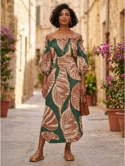 KOTTY - Women's Tropical Leaf Print Off-Shoulder Midi Dress With Belt