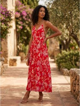 KOTTY - Women's Red Floral Print Fit And Flare Midi Dress