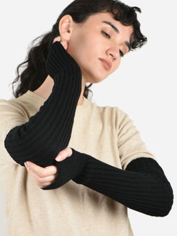 ToniQ - Black Synthetic Wool Fingerless Warm Winter Glove For Women Pack of 2