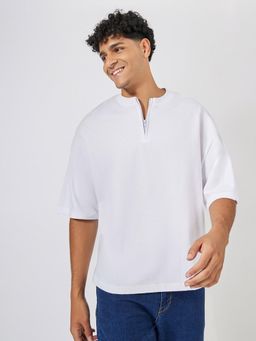 Styli - Men White Boxy Fitted Heavy Jersey Zip Henley T-Shirt