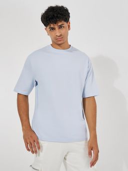 Styli - Men Light Blue Puff Print Oversized Fit Compact Jersey T-Shirt