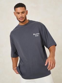 Styli - Men Charcoal Gothic Back and Front Printed Boxy Fit T-Shirt